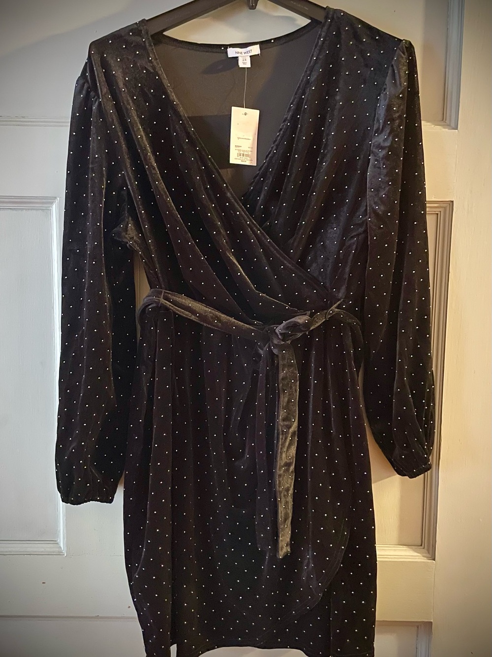 Nine West Black Velvet Wrap Dress with Silver Dots